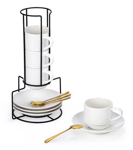 Lareina 8oz cappuccino cups with saucers and spoons, ideal for daily coffee rituals.