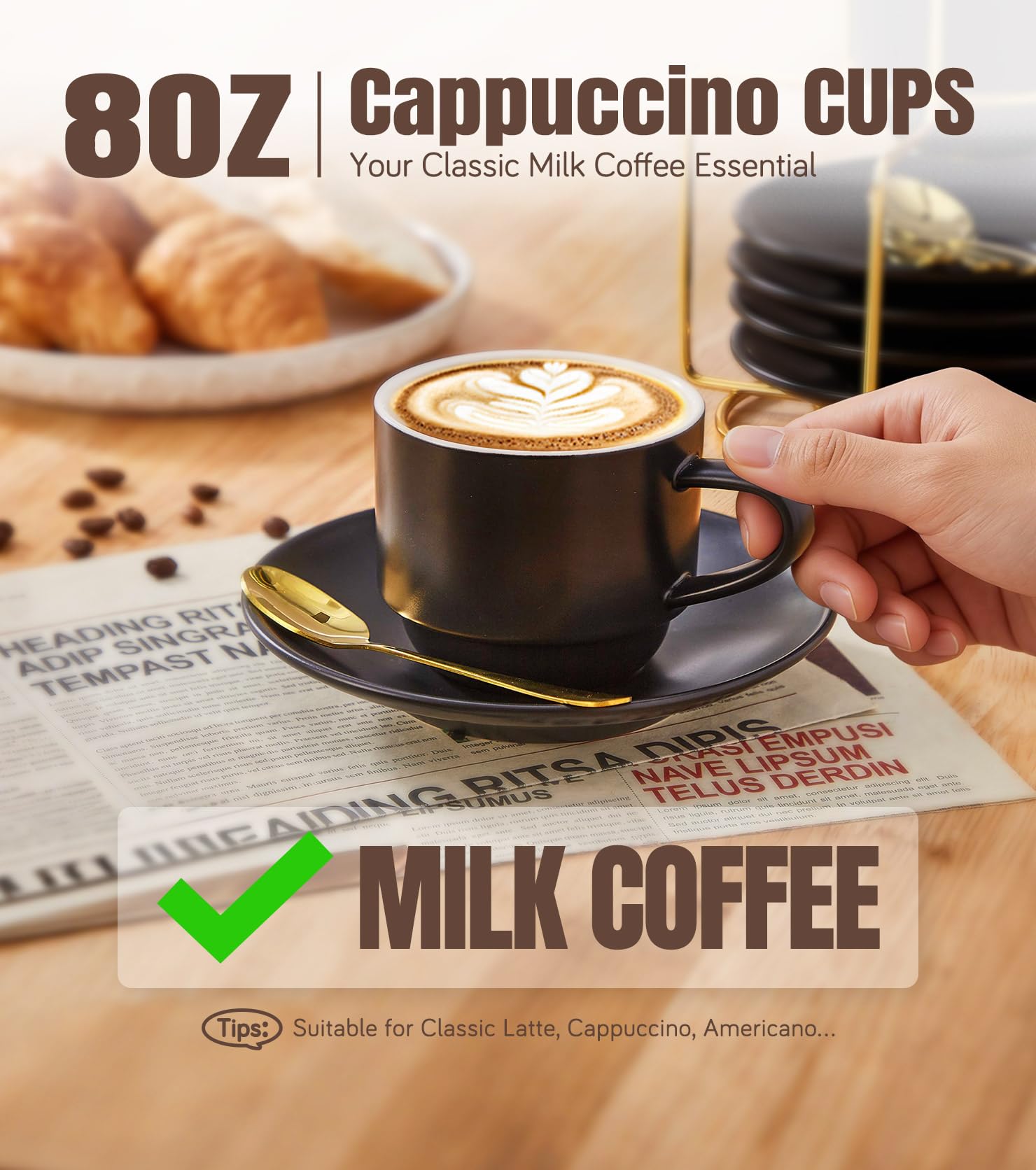 Lareina cappuccino cups with saucers and spoons on a stackable rack.