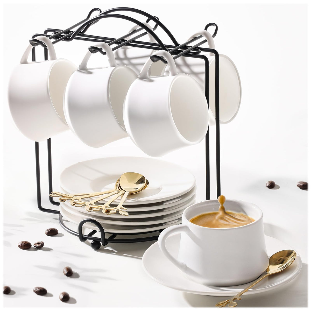 Lareina 3oz espresso cups with saucers and rack, ideal for tasting shots at home.