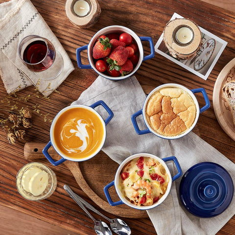 Lareina 12oz blue dish safe for oven and microwave cooking.