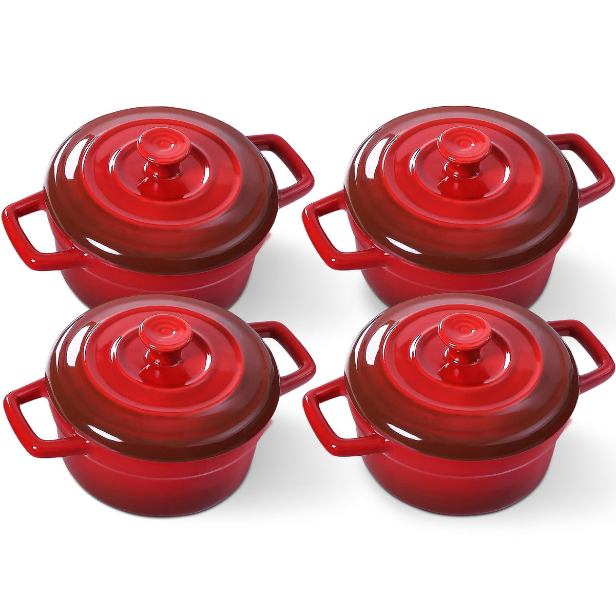 Lareina Mini Cocotte 12oz red set of four dishes for solo meals.
