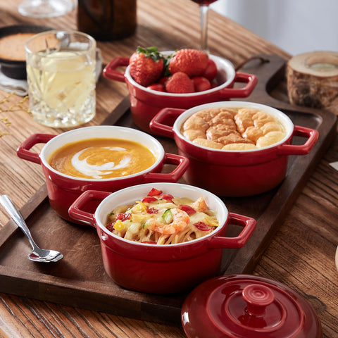 Lareina red cocotte dessert ready to serve in a personal portion.