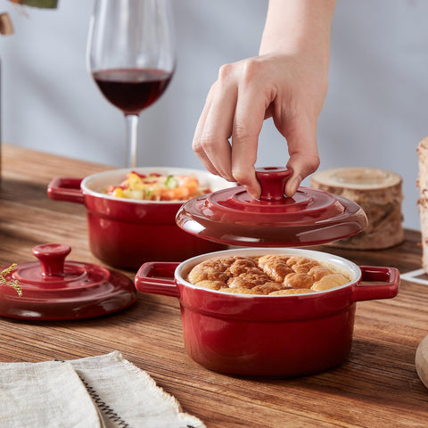 Lareina red cocotte on table ready for individual portions.