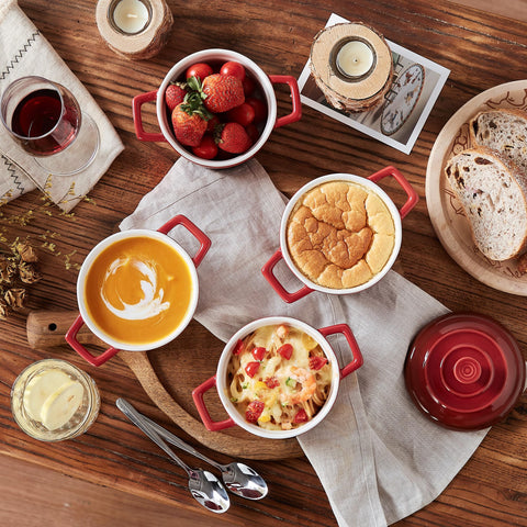 Lareina mini cocotte shown as oven, microwave, and dishwasher safe.