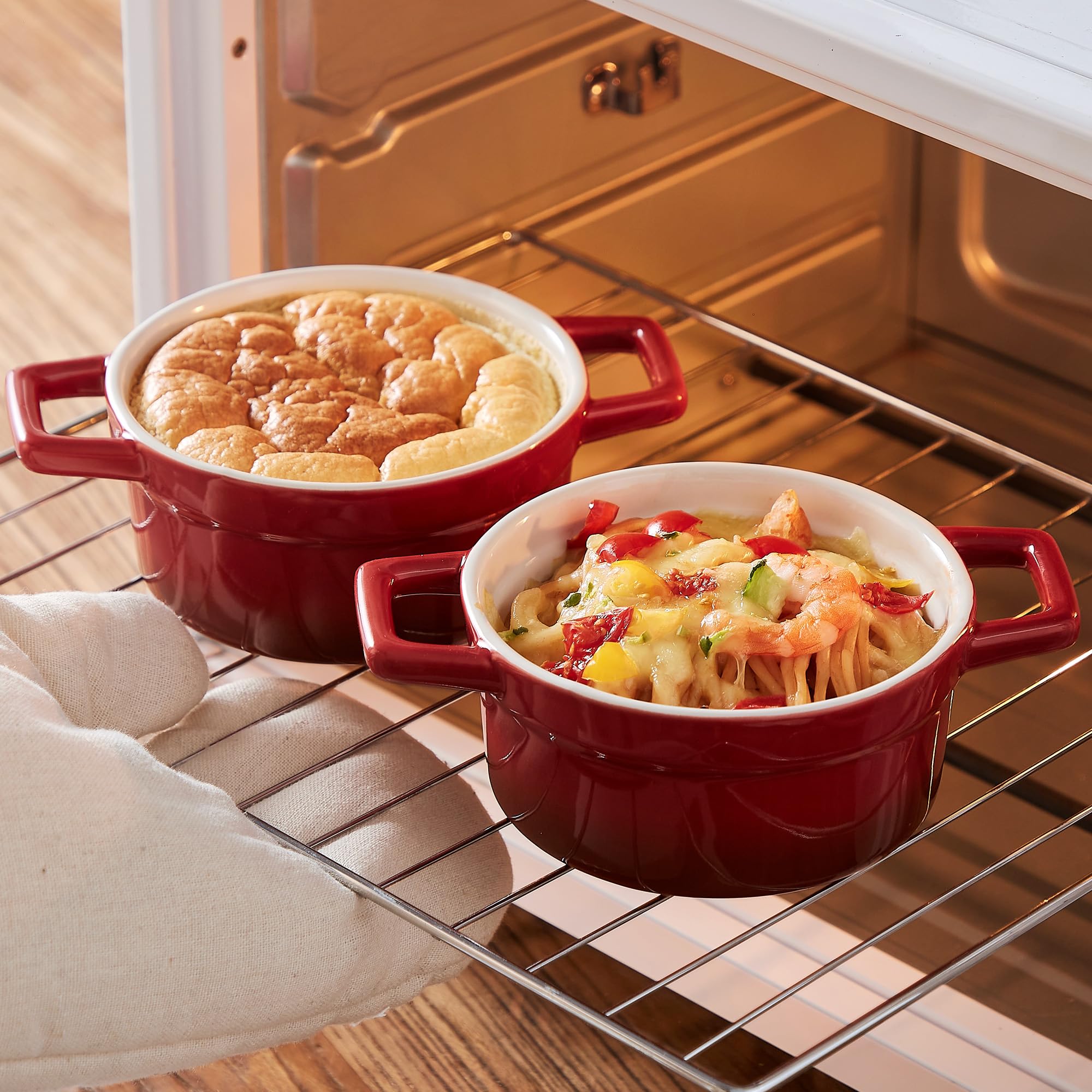 Lareina red ceramic cocotte in oven-ready condition for baking and serving.