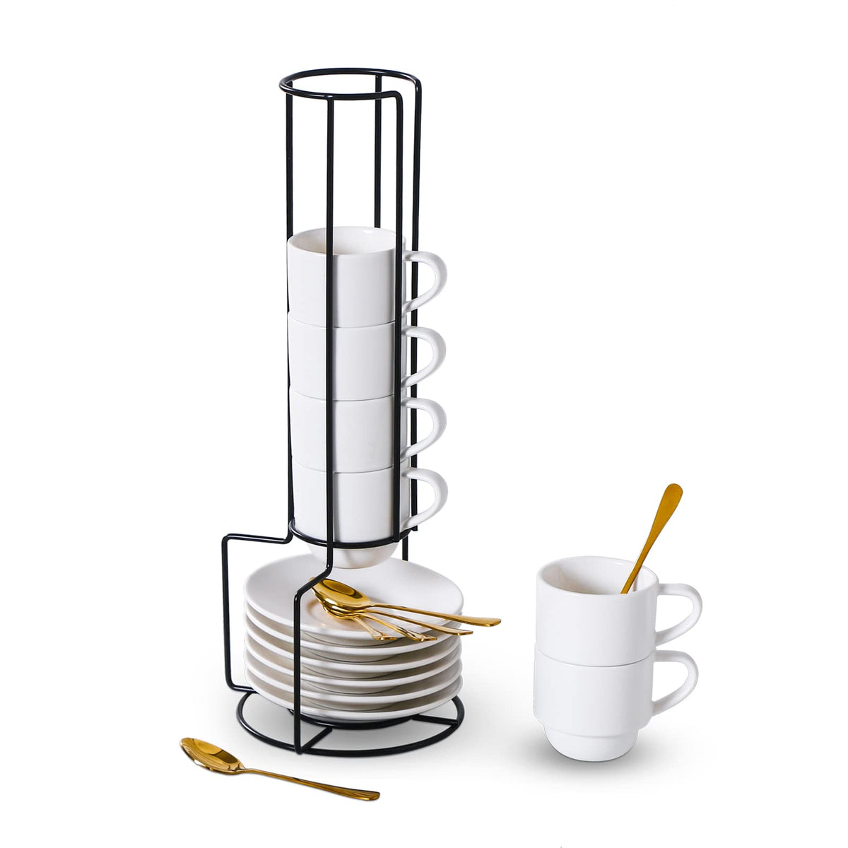 Lareina porcelain espresso cups with saucers for organized, stackable storage.