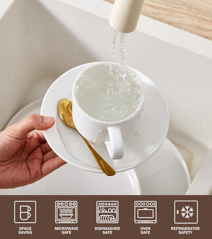 Lareina saucer and spoon pair adds convenient serving detail.