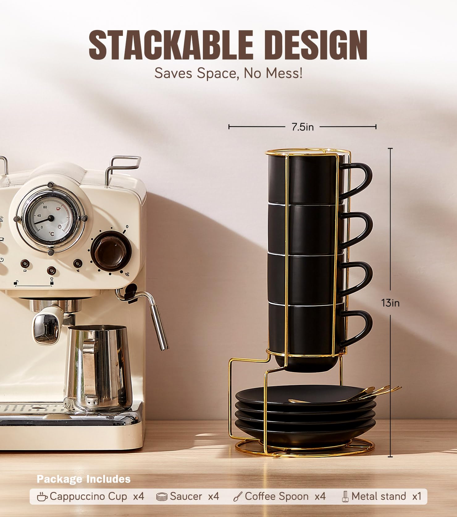 Compact 4-mug set includes saucers, spoons, and a rack.