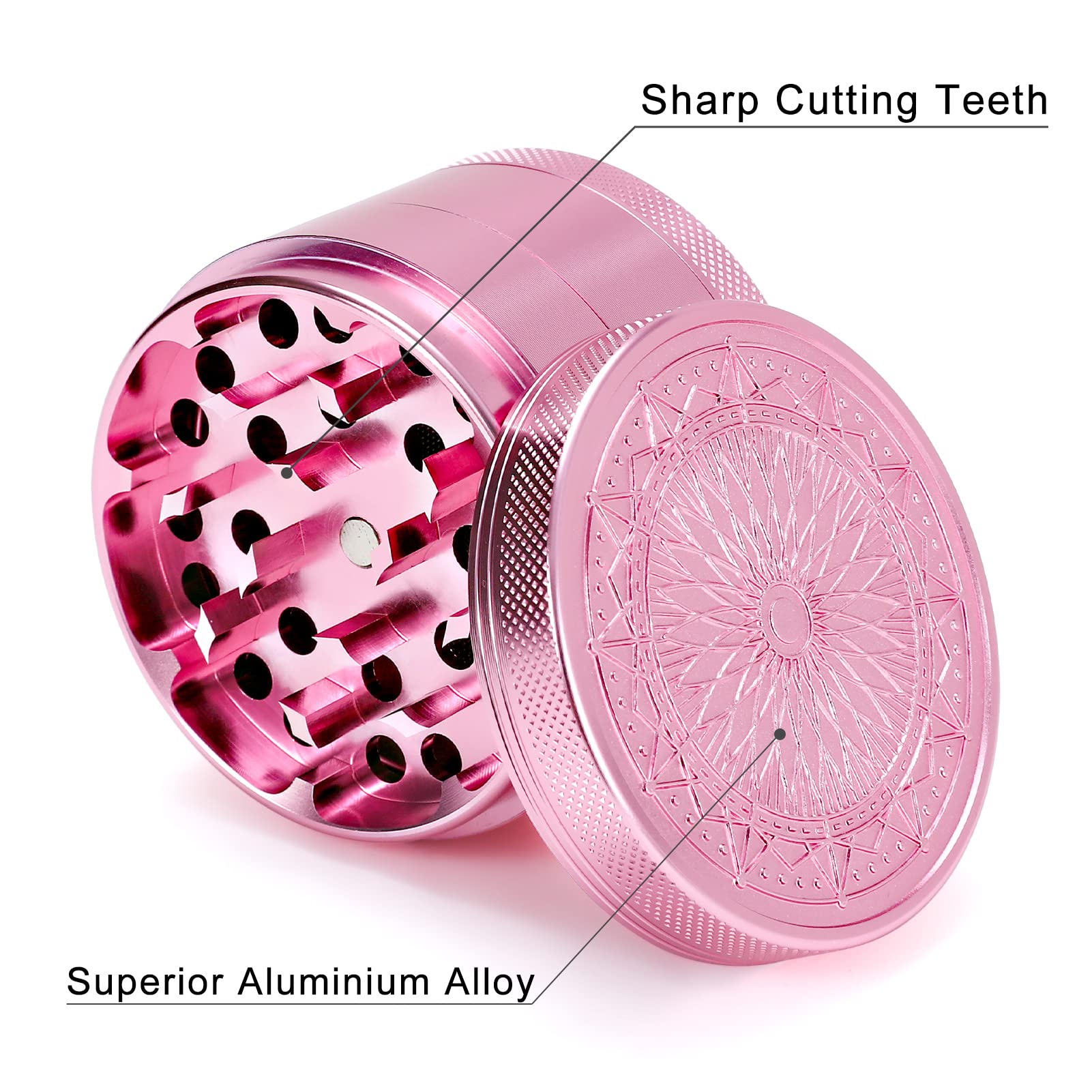 Large Kitchen Grinder 2.5 Inch Pink lid and handle enable easy grinding.
