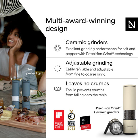 LARS NYSØM adjustable ceramic grinder delivers fine to coarse grind for spices.