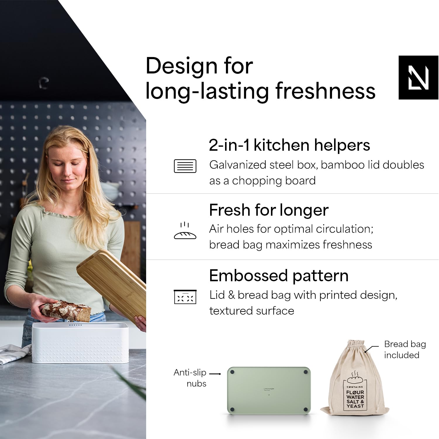 LARS NYSØM bamboo lid doubles as a cutting board for bread slicing.