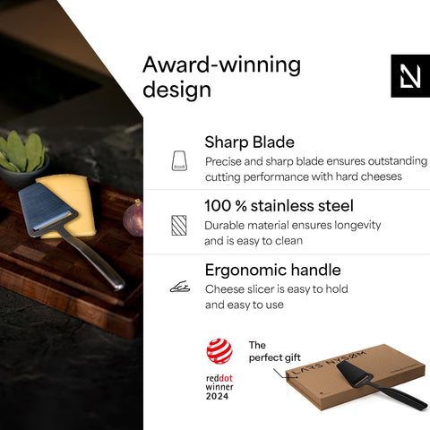 LARS NYSØM cheese slicer stainless steel close-up shows precision for uniform cuts