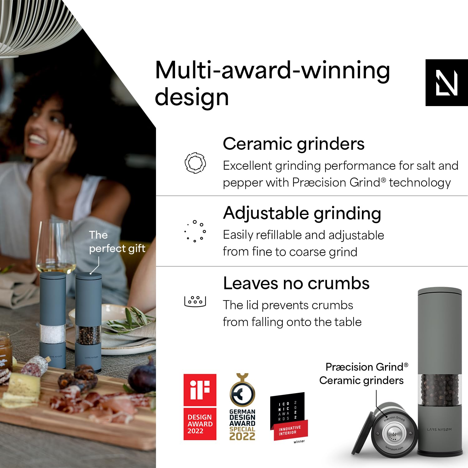 Lagom adjustable ceramic grinder by LARS NYSØM for precise seasoning
