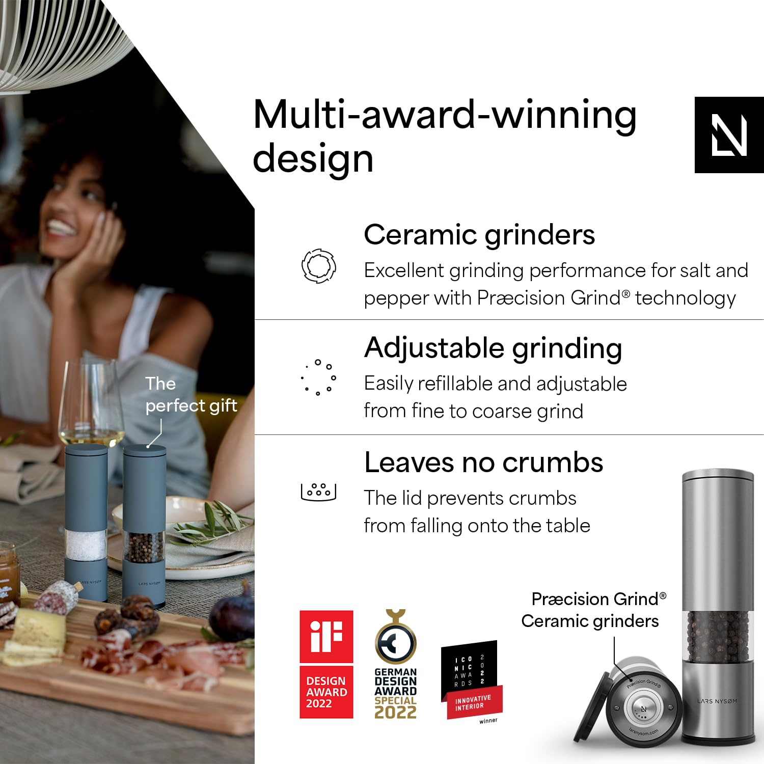 LARS NYSØM Lagom pepper grinder side view highlighting ergonomic grip and stainless steel.