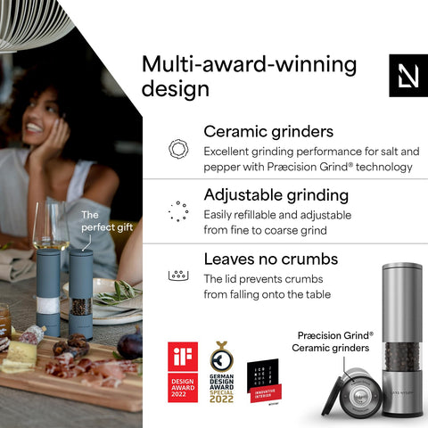 LARS NYSØM Lagom pepper grinder side view highlighting ergonomic grip and stainless steel.