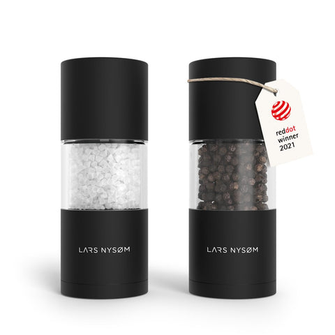 LARS NYSØM salt and pepper grinders in carbon black for precise seasoning at home.