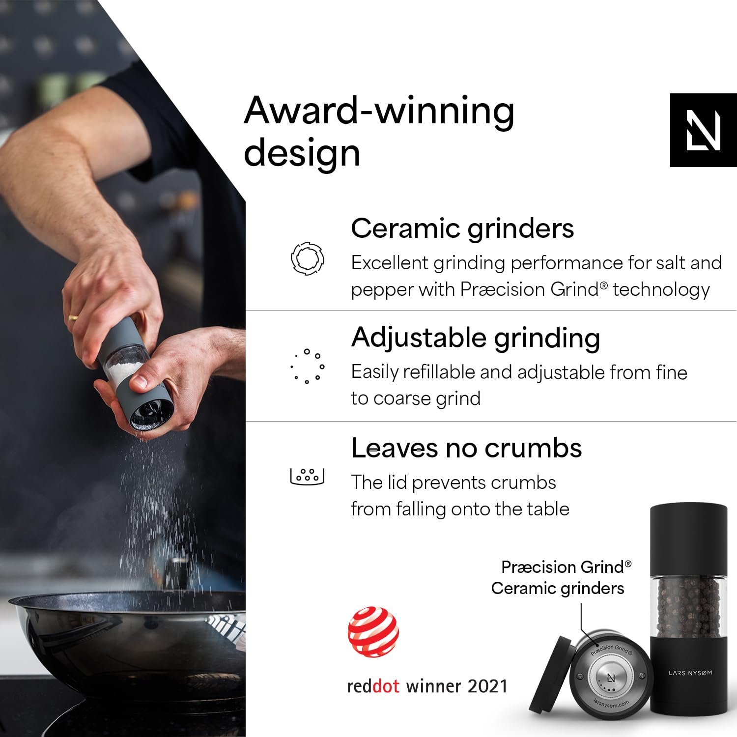 Top view of LARS NYSØM grinder set showing adjustable ceramic mechanism for fine to coarse grind.