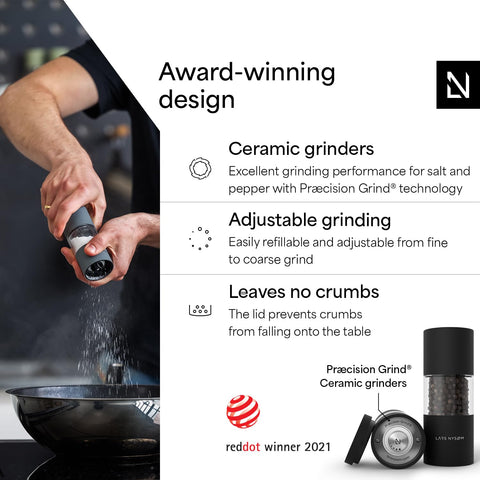 Top view of LARS NYSØM grinder set showing adjustable ceramic mechanism for fine to coarse grind.