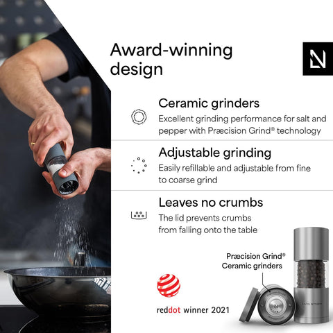 LARS NYSØM Sjæl adjustable ceramic grinder lets you customize grind size from fine to coarse.