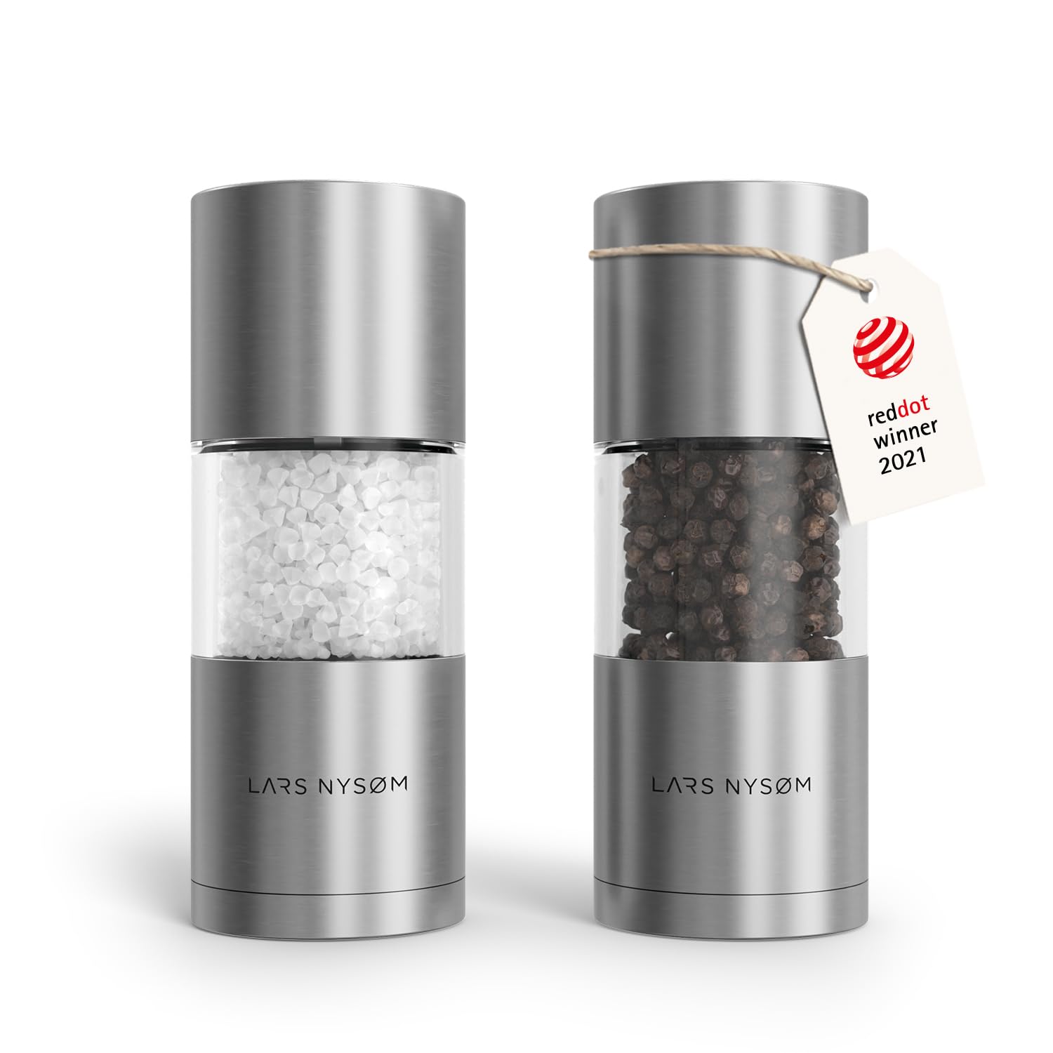 LARS NYSØM Sjæl salt and pepper mill set in stainless steel for precise grinding.