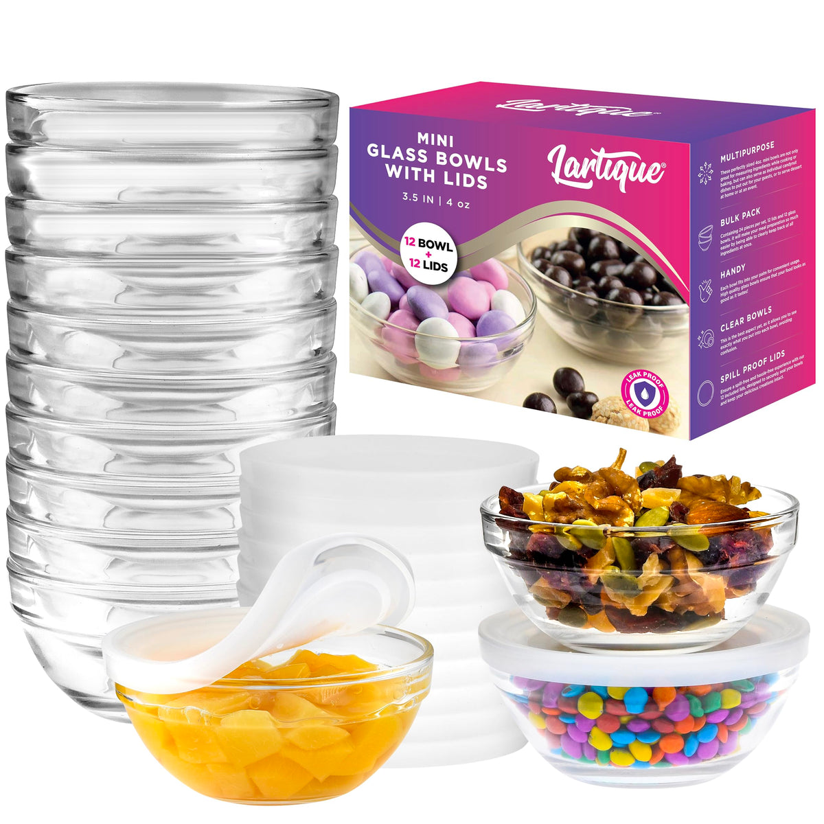 Lartique mini glass bowls with lids 12 pack clear for precise prep.