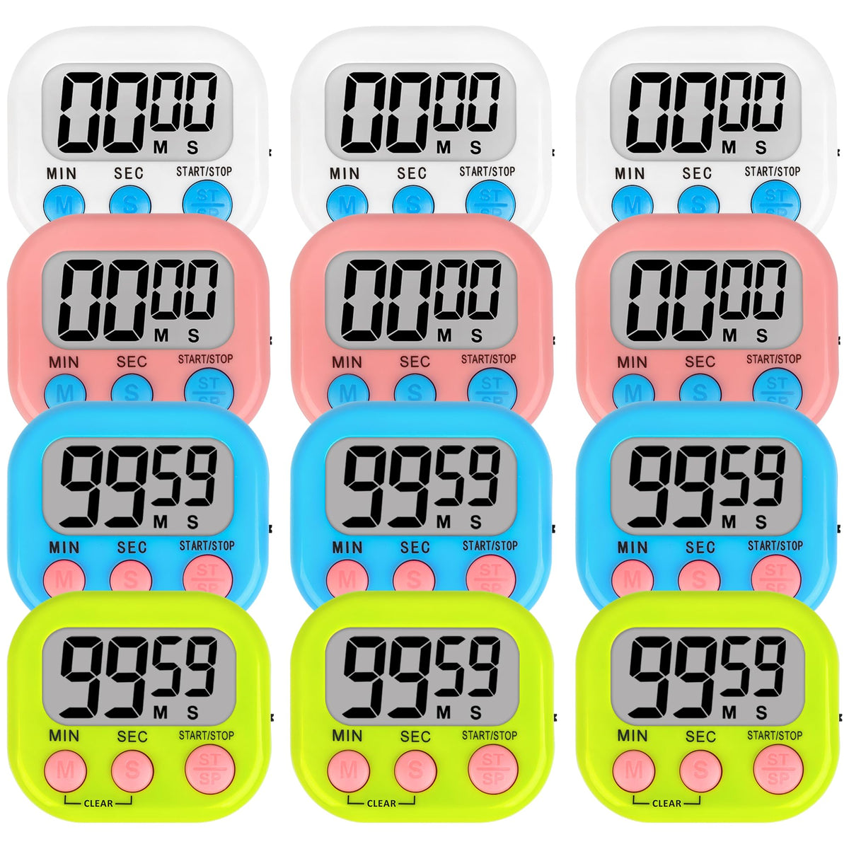 Lasubst digital timer white 12-pack on a classroom board, ideal for time-managed activities