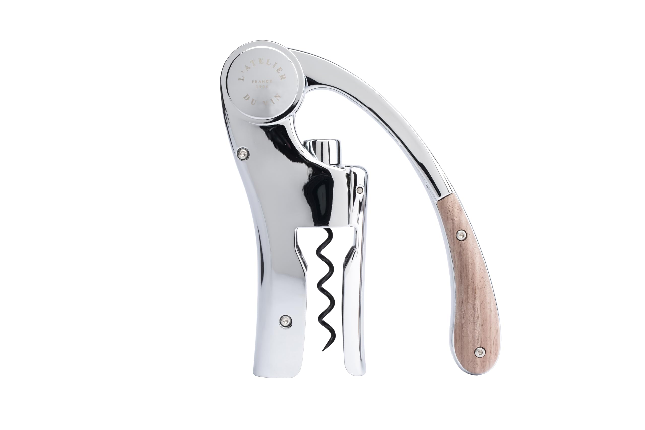 L'Atelier du Vin Oeno Motion lever corkscrew with silver finish for quick uncorking.