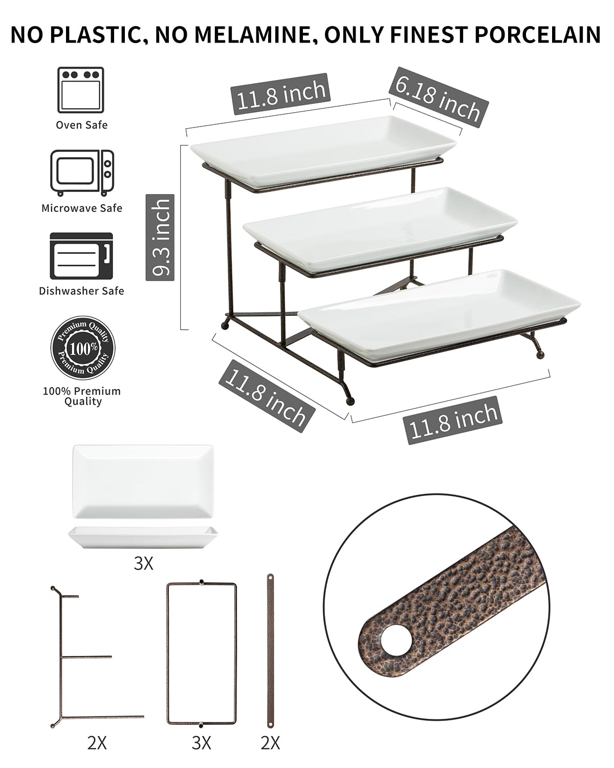 LAUCHUH 3-tier porcelain serving tray side view shows stable, space-saving design.