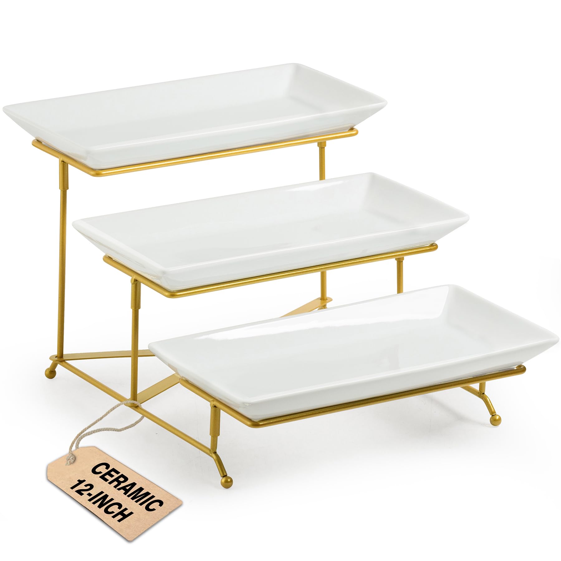 LAUCHUH 3-tier porcelain gold serving stand for elegant buffets.