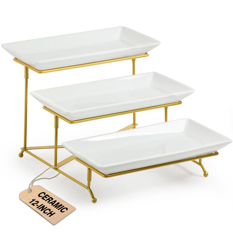 LAUCHUH 3-tier porcelain gold serving stand for elegant buffets.