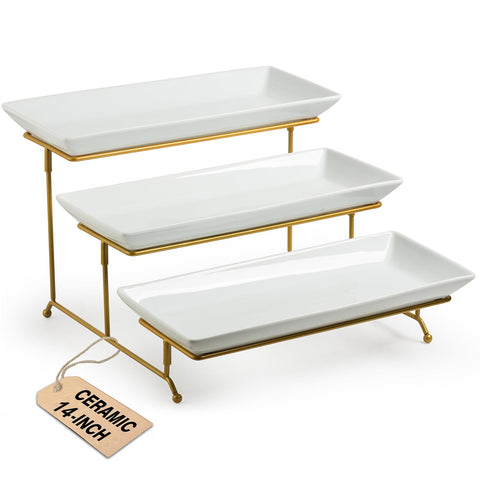 LAUCHUH large 3-tier stand front view with porcelain platters displaying desserts.
