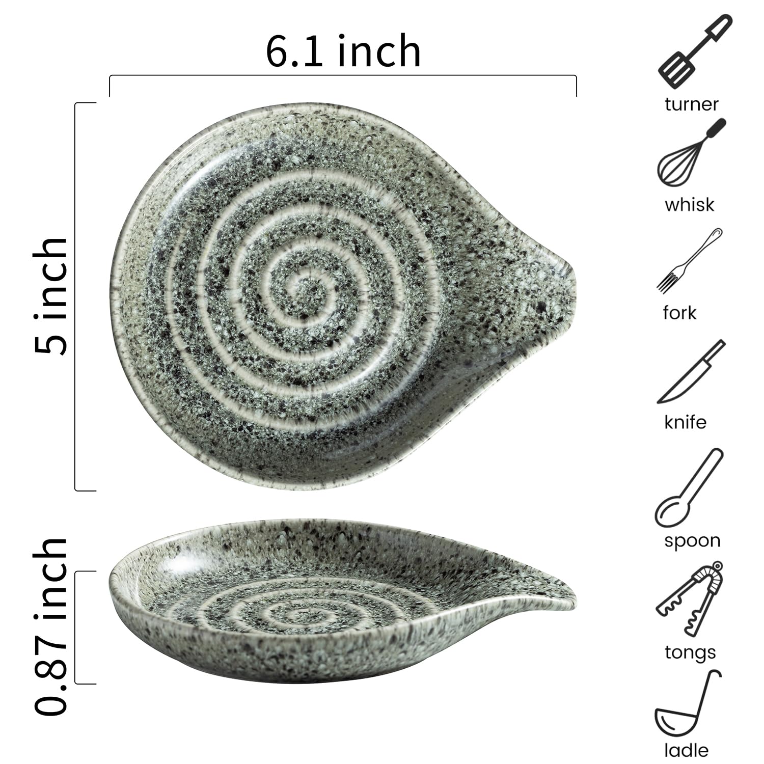 Close-up of LAUCHUH ceramic spoon rest with glossy gray glaze.
