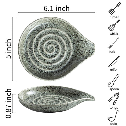 Close-up of LAUCHUH ceramic spoon rest with glossy gray glaze.