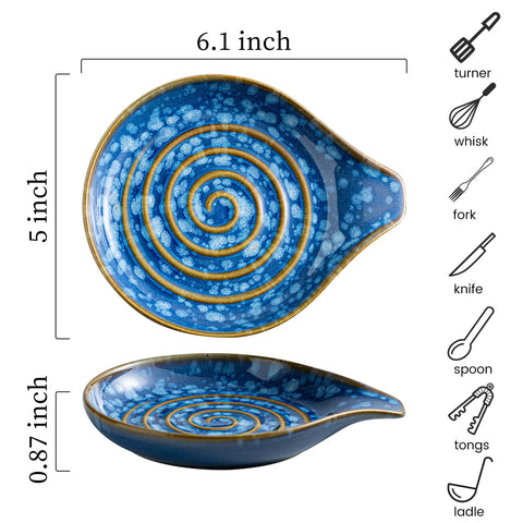 Close-up of LAUCHUH starry blue glaze with white speckles on ceramic rest.