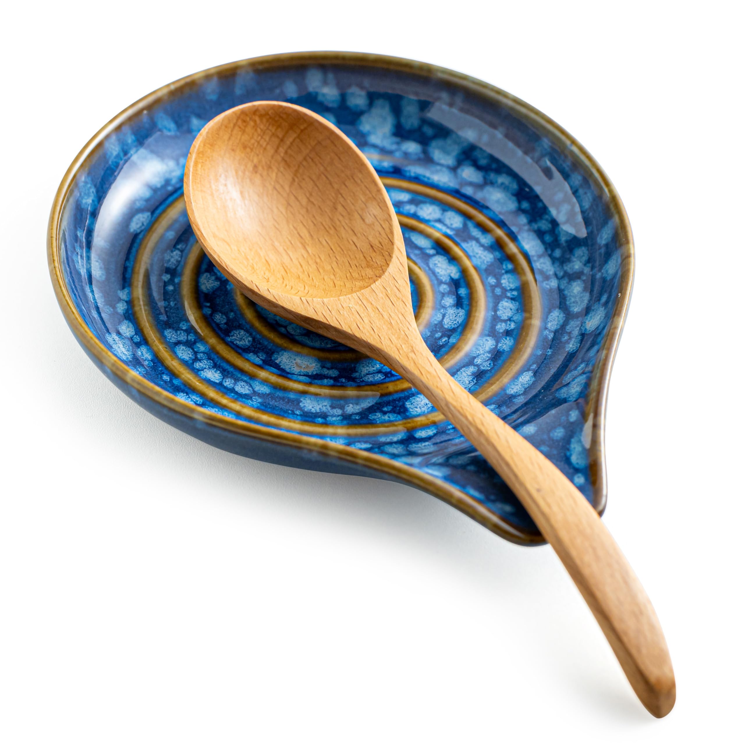 LAUCHUH spoon rest in starry blue glaze on a clean counter, keeping utensils ready.