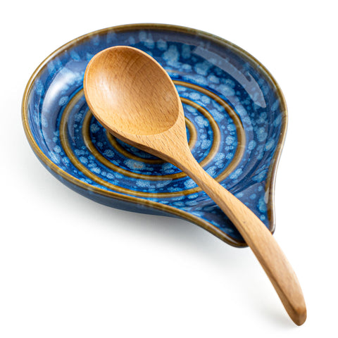 LAUCHUH spoon rest in starry blue glaze on a clean counter, keeping utensils ready.