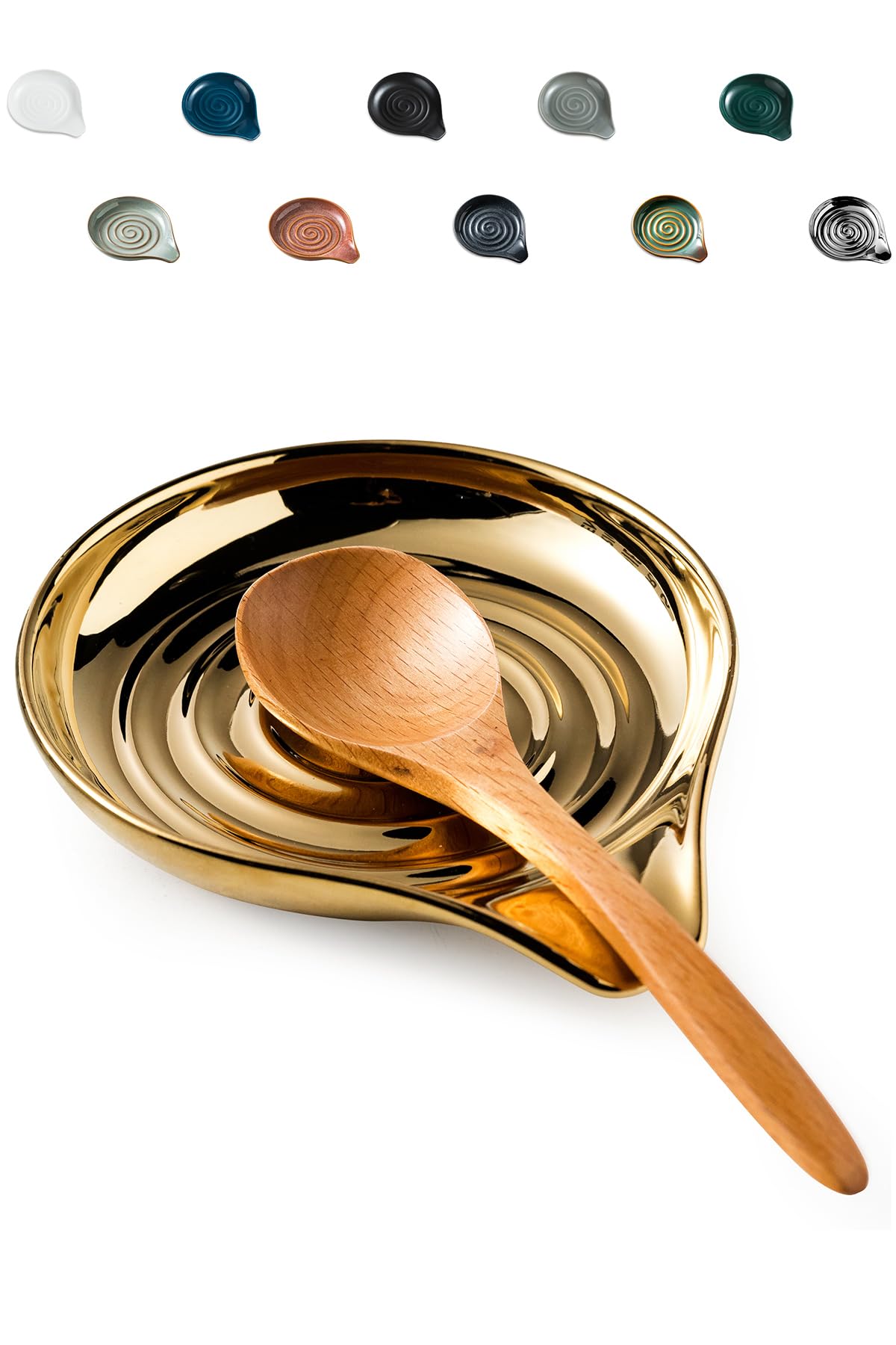 LAUCHUH spoon rest on stove top in gold keeps utensils tidy.