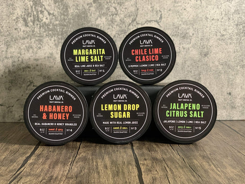 LAVA margarita salt rimmer paired with a glass for vibrant cocktail rims and flavor.