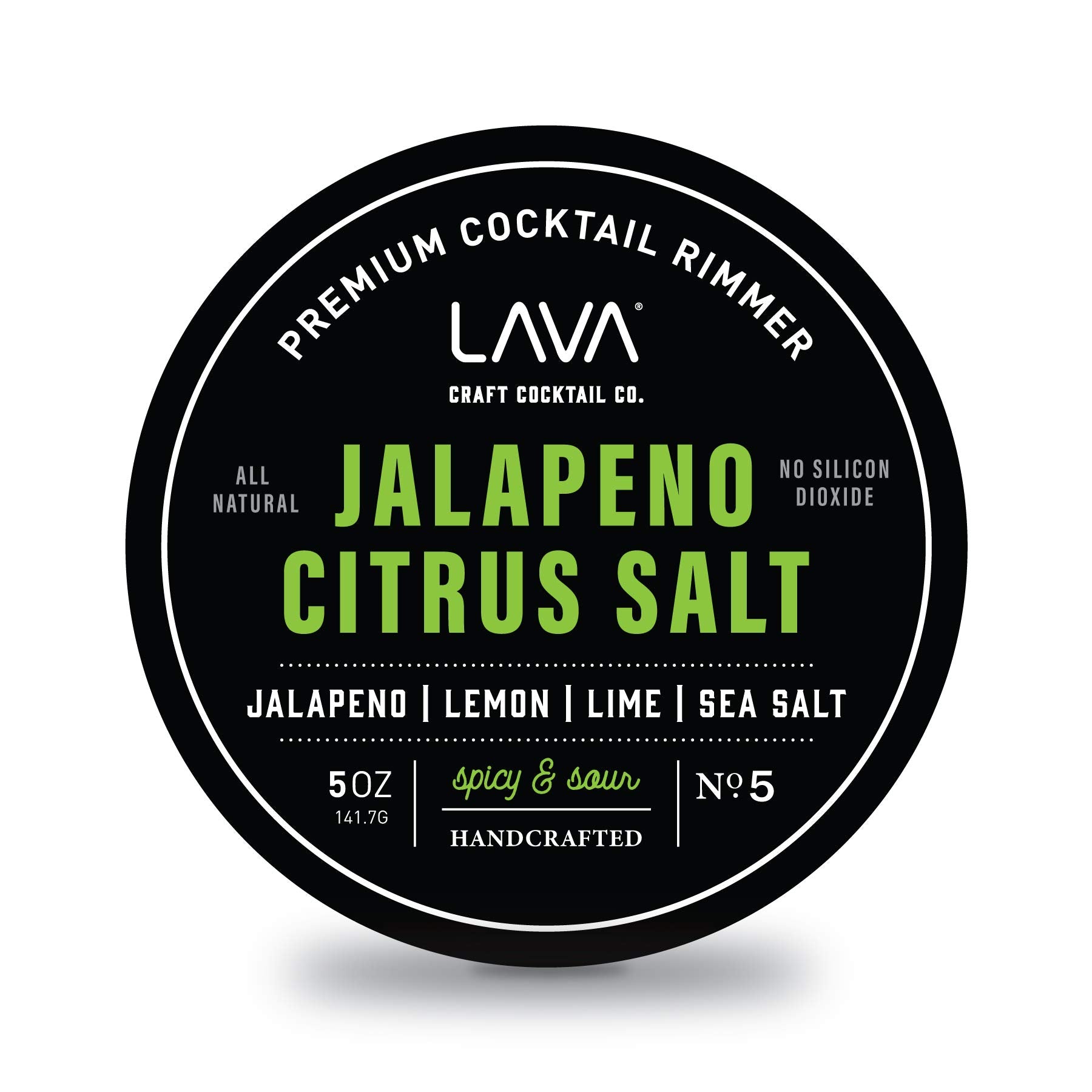 LAVA premium jalapeno citrus margarita salt rimmer jar highlighting real lime crystals for a flavorful rim.