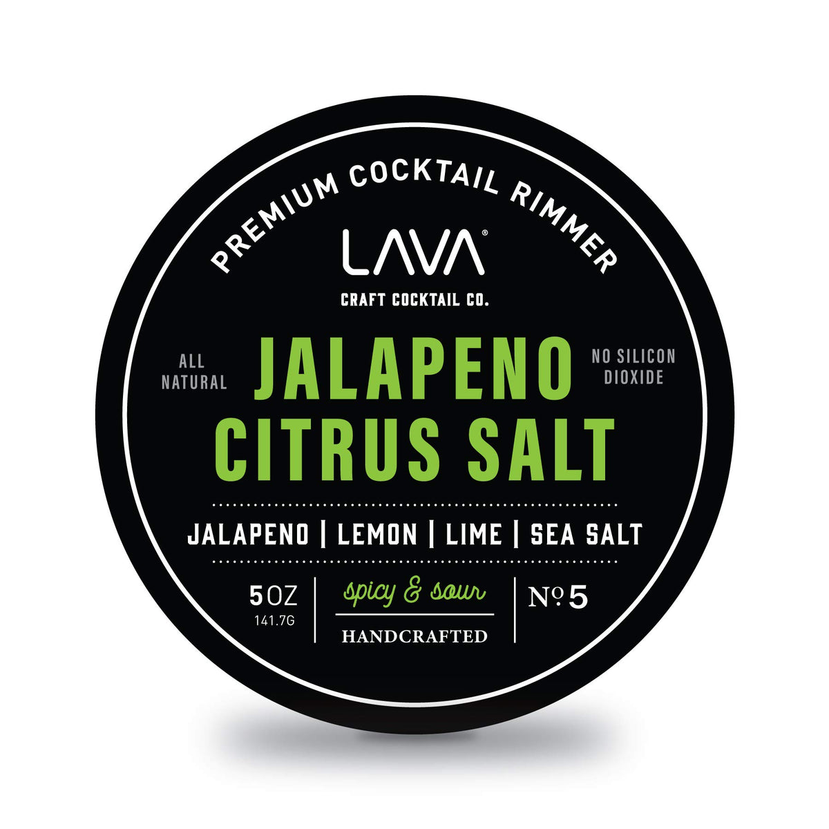 LAVA premium jalapeno citrus margarita salt rimmer jar highlighting real lime crystals for a flavorful rim.