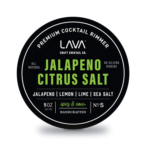 LAVA premium jalapeno citrus margarita salt rimmer jar highlighting real lime crystals for a flavorful rim.