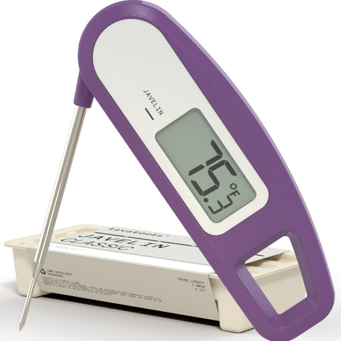 Lavatools Javelin showing a quick three-second temperature read for precise grilling.