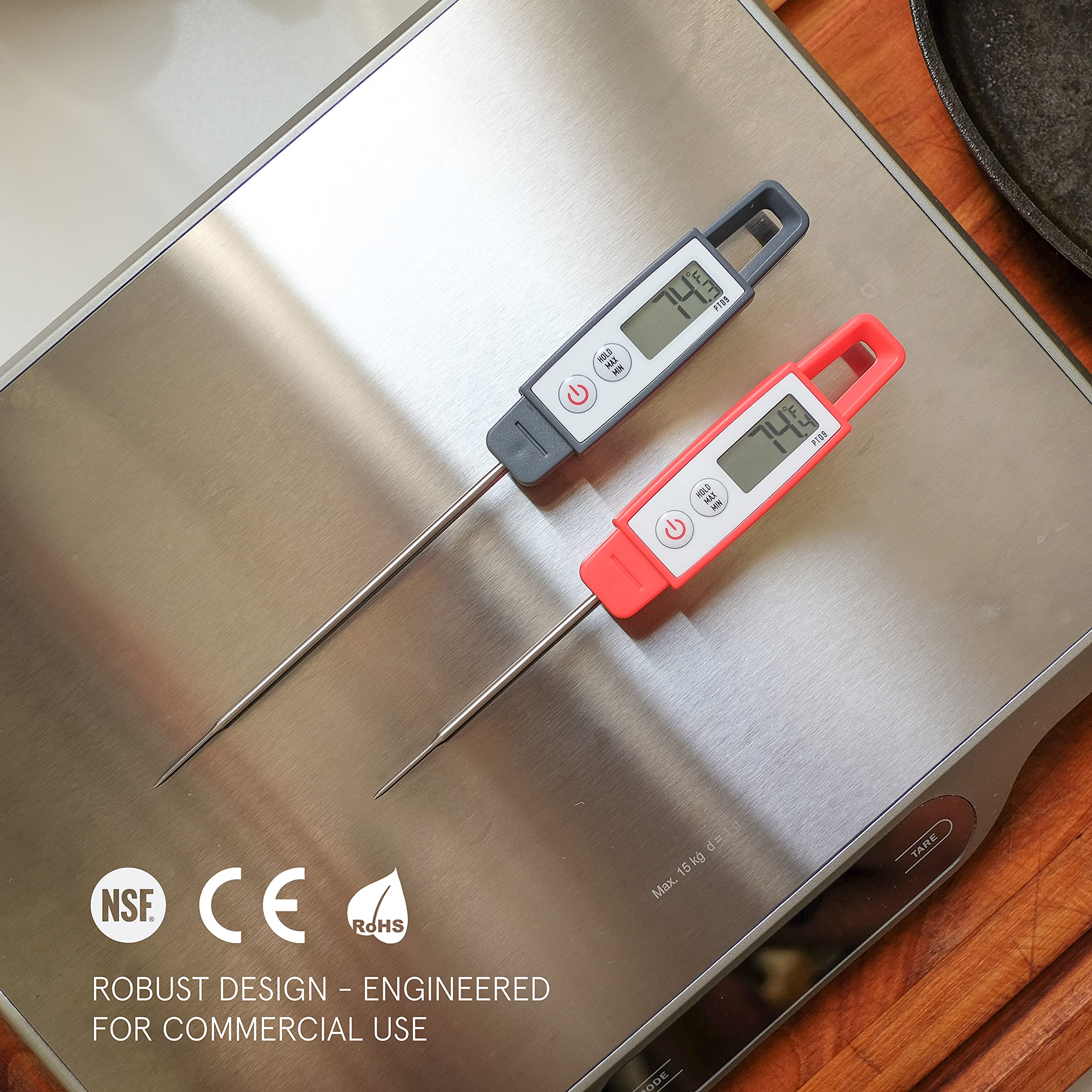 Lavatools PT09 probe in meat for precise doneness checks.