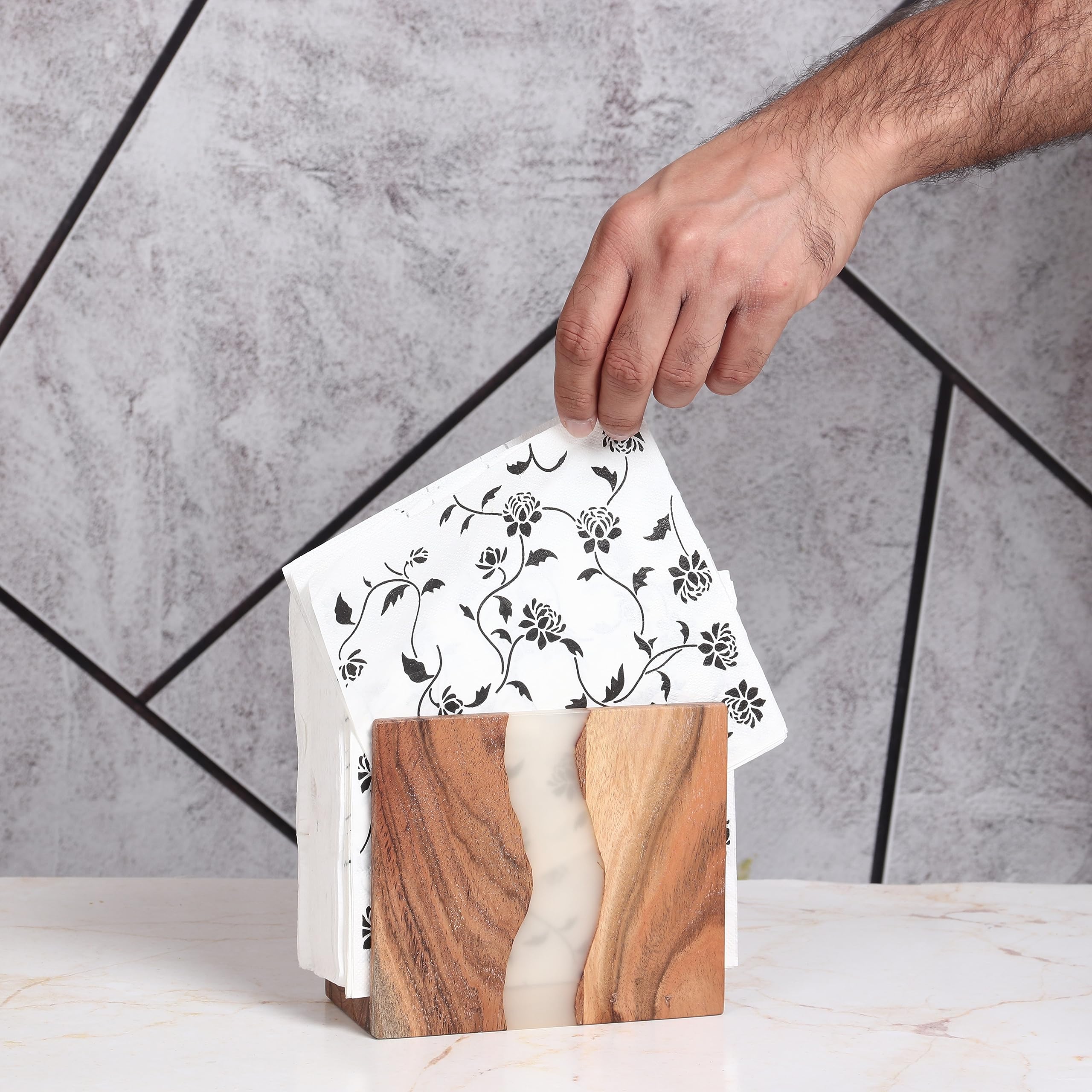 LAVAUK Handcrafted acacia napkin holder emphasizes unique grain and sturdy construction.