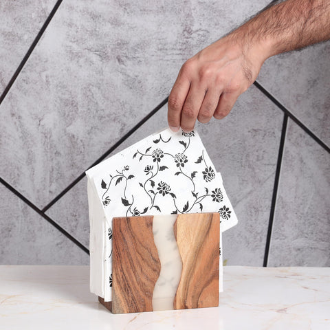 LAVAUK Handcrafted acacia napkin holder emphasizes unique grain and sturdy construction.