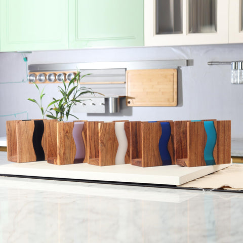 LAVAUK Rustic modern napkin dispenser adds warm texture to table settings.