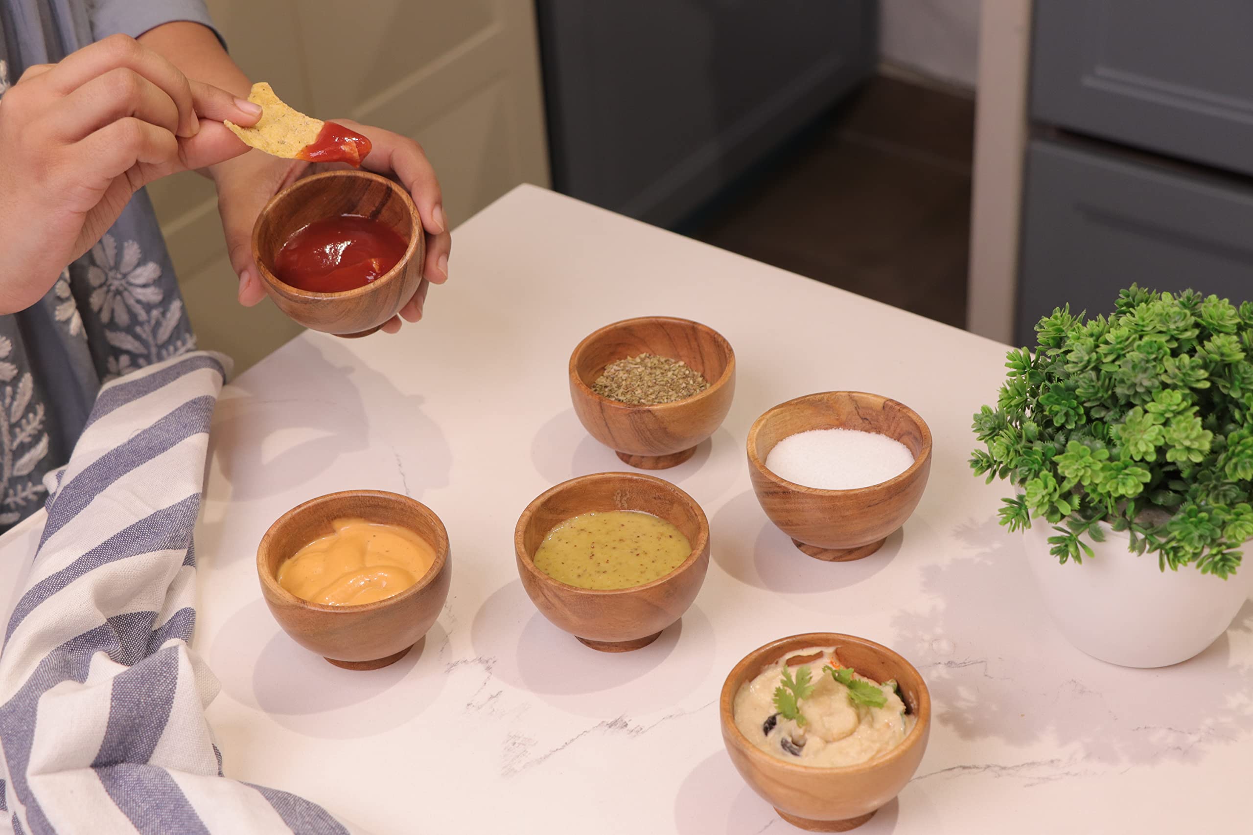 LAVAUX DESIGNS acacia bowls for dipping sauces on a charcuterie board