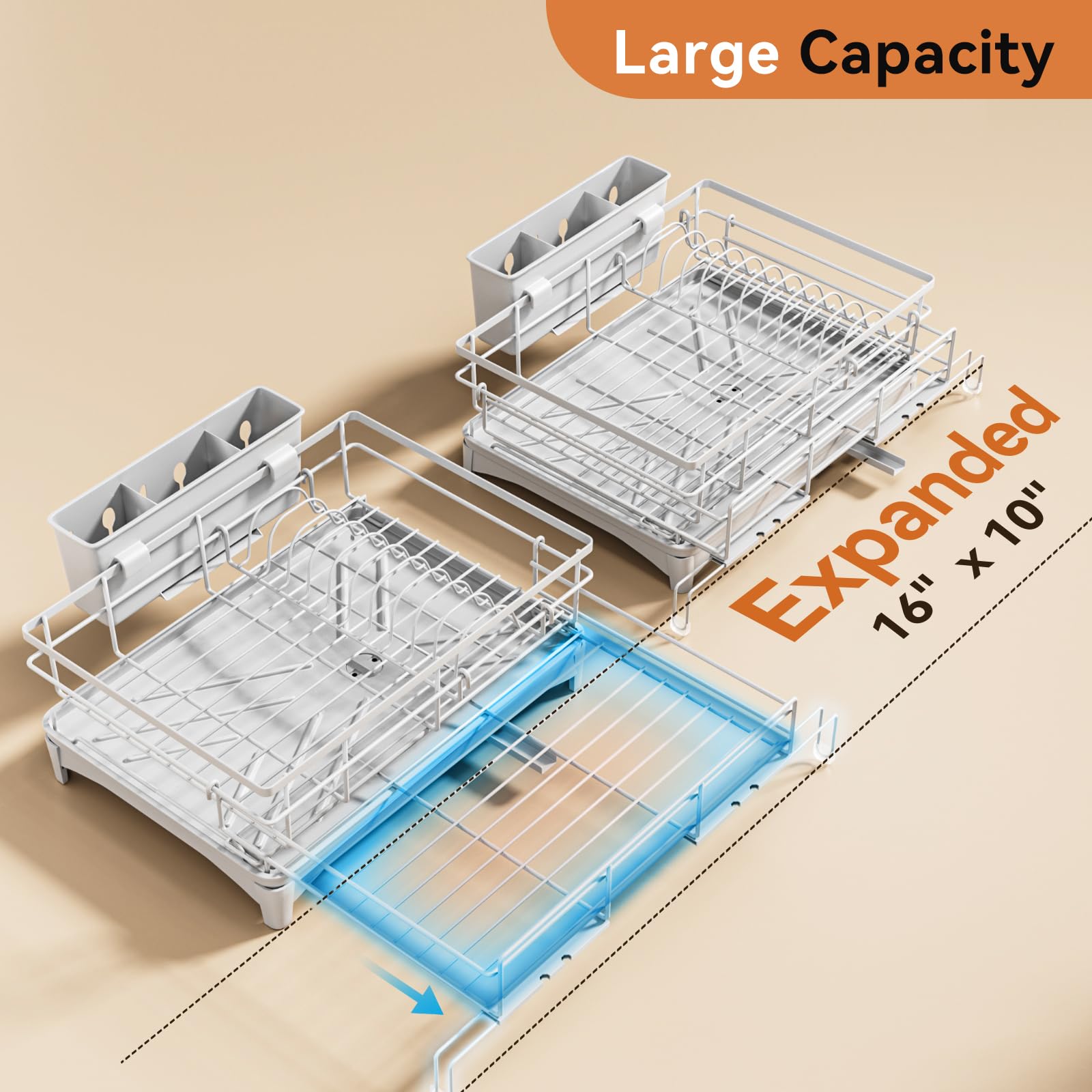 Laveshop dish rack with drain system demonstrating direct drainage to sink, keeping counters dry.