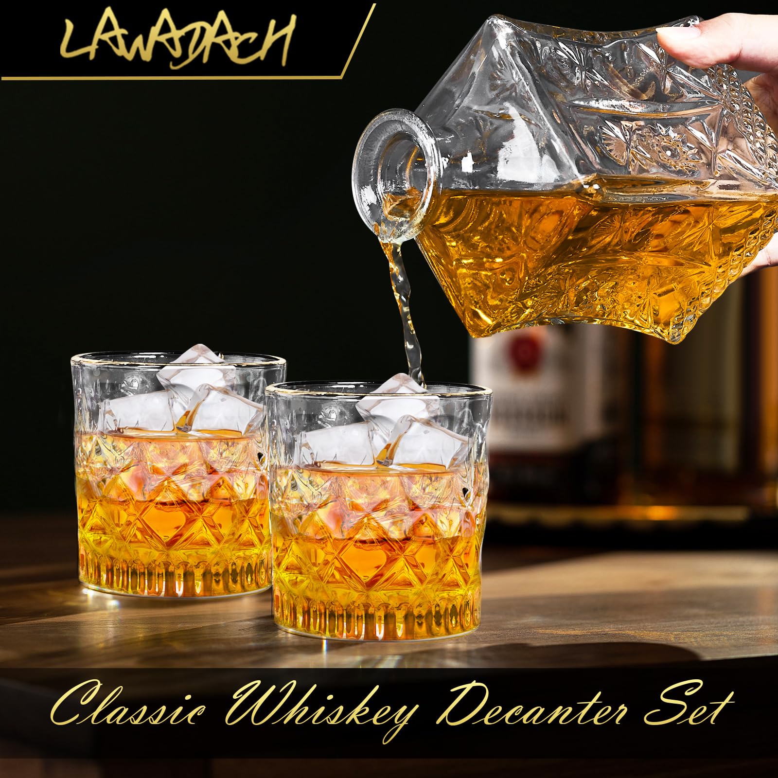 LAWADACH liquor decanter setup highlights clear glass and versatile use across spirits