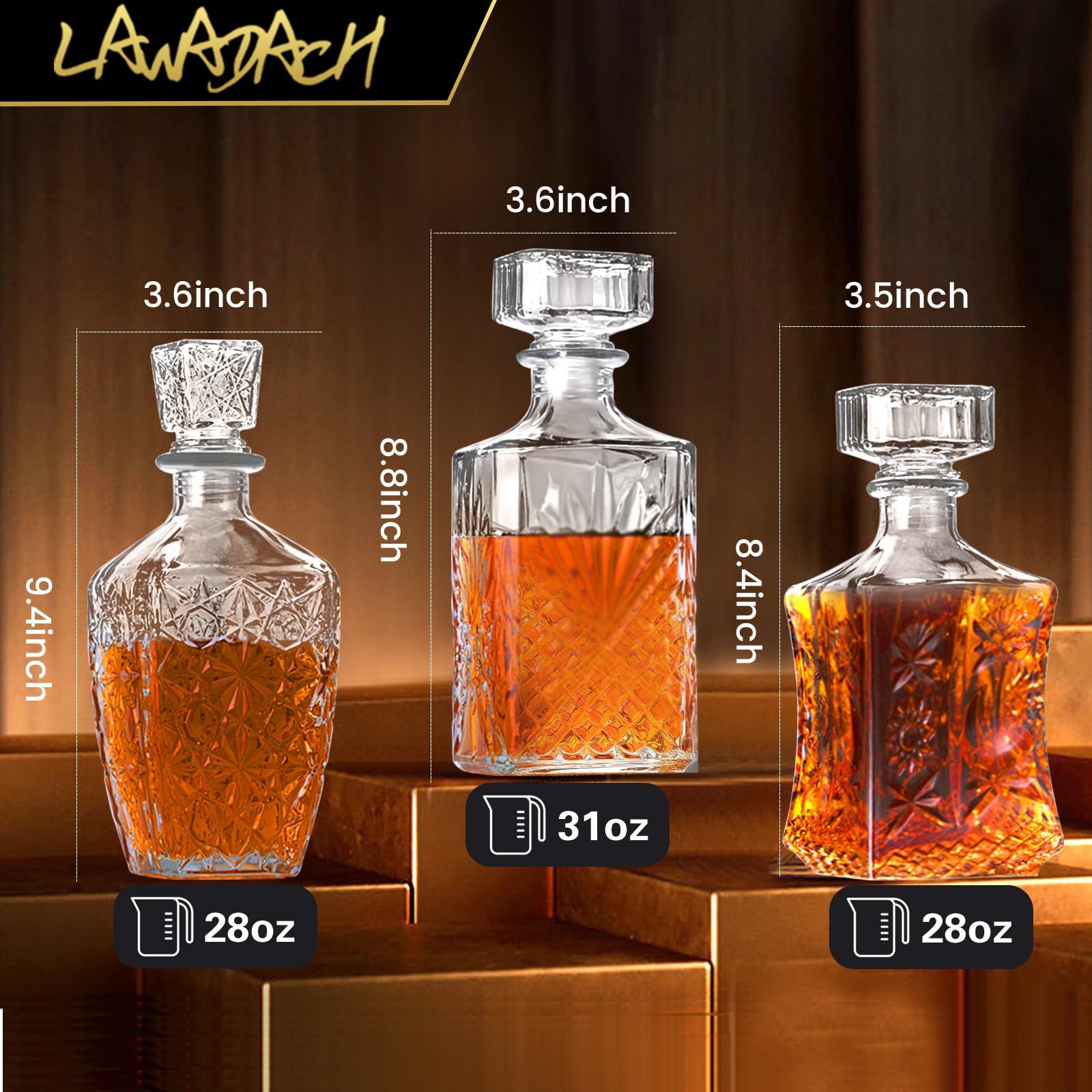 LAWADACH whiskey decanter pour setup shows smooth pour and airtight seal